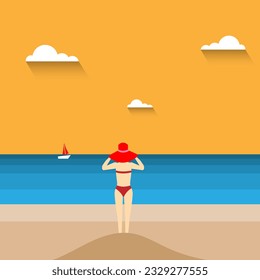 Vector flat design of seascape with a person wear red head bikini suit looking far away, freedom and relaxing time, journey or trip traveling concept, editable object copy space for text and design