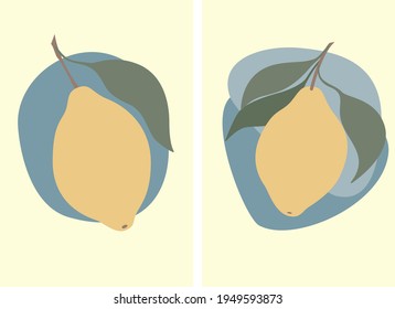 Vector flat design set: branches with ripe yellow lemons and green leaves on abstract blue spots. Elements forcard, poster, interior picture, invitation, logo, illustration.