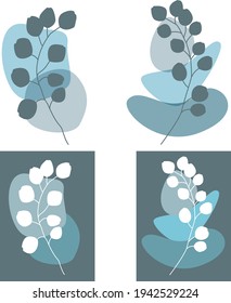 Vector flat design set: eucalyptus branches and simple free forms. Minimalism in blue and gray colors. Isolated on white elements for card, invitation , logo, illustration about nature , medicine