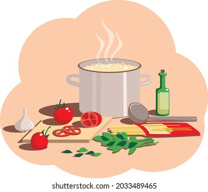 Conjunto de diseño plano vectorial. Pote con sopa clara caliente, bulbo de ajo, tomates rojos frescos, hojas de albahaca verde, pasta, botella de vidrio de aceite de oliva. Ingredientes para cocinar en tonos pastel.