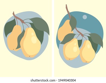 Vector flat design set : yellow pears with green leaves on abstract free form blue spots. Minimalism. Elements for card, poster, juice box, illustration, invitation, interior picture.