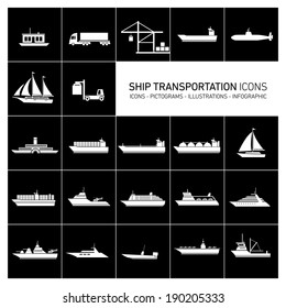 vector flat design ship and boats transportation icons and illustrations set white isolated o black background