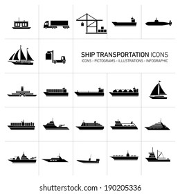 vector flat design ship and boats transportation icons and illustrations set black isolated o white background