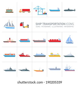 vector flat design ship and boats transportation icons set of colorful illustrations isolated o white background