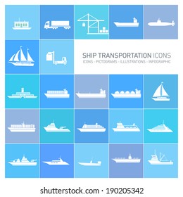 vector flat design ship and boats transportation icons and illustrations set white isolated o blue background