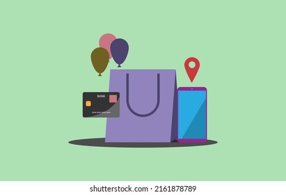 Vector flat design of shopping bag, balloon credit card and smart phone, marketing and sale concept on the green background