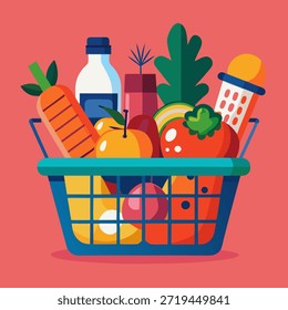 Vector flat design of a shopping basket packed with fresh food items. Great for supermarket, grocery shopping, and consumer goods visuals.