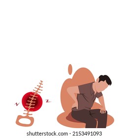 Vector flat design Side view of cartoon no face young man wearing a shirt and trousers, sitting with his hands on his back on brown background has a vertebra on the side that symbolizes waist pain.