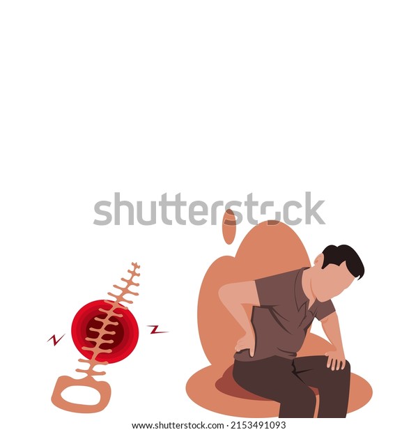 Vector flat design Side view of cartoon no face\
young man wearing a shirt and trousers, sitting with his hands on\
his back on brown background has a vertebra on the side that\
symbolizes waist pain.