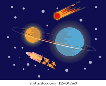 Vector flat design space seamless pattern background. Spaceship, Rocket, Moon, shooting star, Stars in Outer space