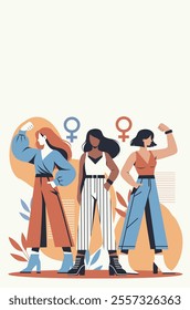 Vector flat design with space for text. Strong women, women's day, feminism. Women standing together as a sign of strength and unity. Gender equality and women empowerment. For social media, posters