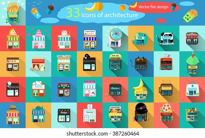 Vector flat design square architecture  icons with rounded corners. fruit shop, fish shop, milk, bar, books store, boutique, bakery, candy shop, restaurant, market, pizzeria , Fast food