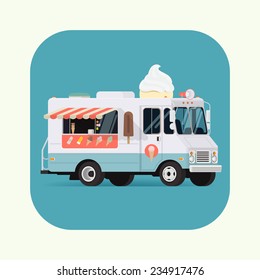 Vector flat design square rounded corners icon on classic ice cream truck | Retro looking ice cream van