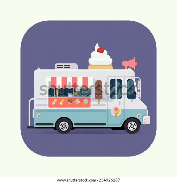 Vector\
flat design square rounded corners icon on simplified ice cream\
truck, side view  | Retro looking ice cream\
van