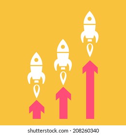 vector flat design start up business icon of three rockets launching graph | white isolated pictogram illustration on yellow background