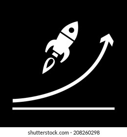 vector flat design start up rocket go up graph business icon | white isolated pictogram illustration on black background