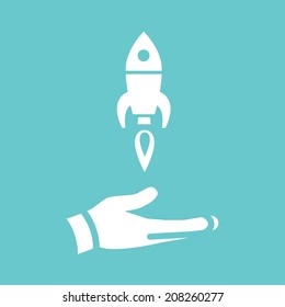 vector flat design startup rocket launching from hand | white isolated pictogram illustration on blue background