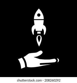 vector flat design startup rocket launching from hand | white isolated pictogram illustration on black background