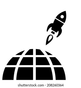 vector flat design startup rocket leaving globe business icon | black isolated pictogram illustration on white background
