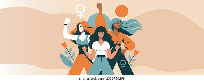 Vector flat design of strong women, women's day, feminism. Different women standing together in solidarity, strength and unity. Gender equality and women empowerment. For social media, posters, advert