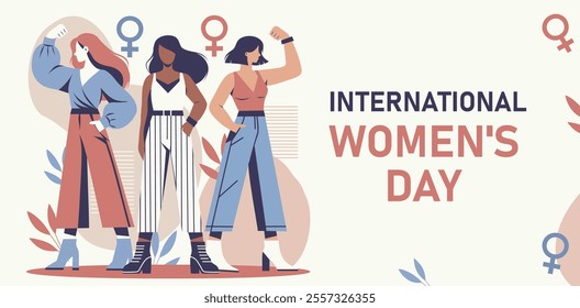 Vector flat design. Strong women, women's day, feminism. Women standing together as a sign of strength and unity. Gender equality and women empowerment. For social media, posters, web design