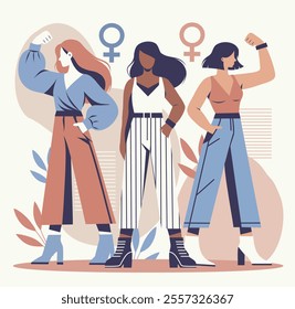 Vector flat design of strong women, women's day, feminism. Different women standing together as a sign of strength and unity. Gender equality and women empowerment. For social media, posters