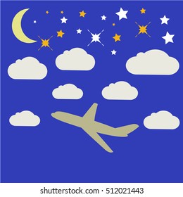 Vector flat design style airplane  flying through clouds in the night sky  background with stars.