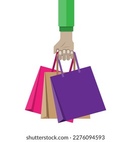 Vector flat design style of customer hand holding multi color product bag for shopping, colorful of bag, big sale time and promotion, marketing and final sale concept on the white background
