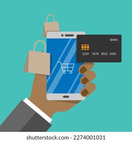 Vector flat design style of hand holding smartphone around by shopping bag and credit card, marketing and online paying, electronic payment buying via internet concept.