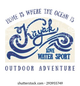 Vector flat design style hand drawn illustration of signature: "Kayak Love Water Sport" on textured colored wood background. Template for postcard, personal card or print.