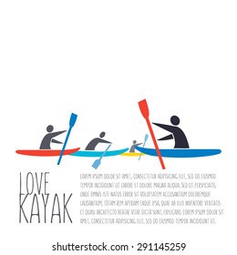 vector flat design style illustration with signature " love kayak", text and men with kayaks in flat design style on colorful background as a template for your article, print or design