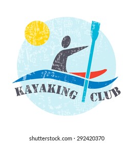 Vector flat design style illustration of logotype with signature "Kayaking Club" and man with kayak  on textured background. Template for your article, print or design
