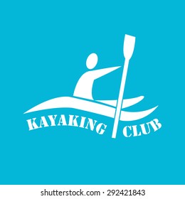 Vector flat design style illustration of logotype  with signature "Kayaking Club" and man with kayak  on colored background. Template for your article, print or design