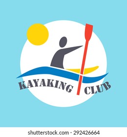 Vector flat design style illustration of logotype  with signature "Kayaking Club" and man with kayak  on colored background. Template for your article, print or design