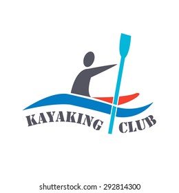 Vector flat design style illustration of logotype  with signature "Kayaking Club" and man with kayak  on white background. Template for your article, print or design