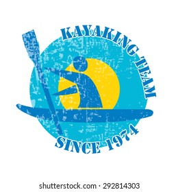 Vector flat design style illustration of logotype  with signature "Kayaking Team" and man with kayak  on textured background. Template for your article, print or design