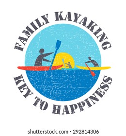 Vector flat design style illustration with signature "Family Kayaking Key to Happiness" and people with kayaks on textured background. Template for your article, print or design