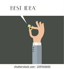 Vector flat design stylized hand holding golden ring. Concept of business idea.