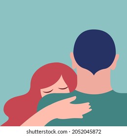 diseño plano vectorial ilustración estilizada de pareja en amor - dos personas abrazando en paleta de color de moda. la ilustración puede ser usada como tarjeta para el Día de San Valentín o Día Internacional del abrazo, impresa, web