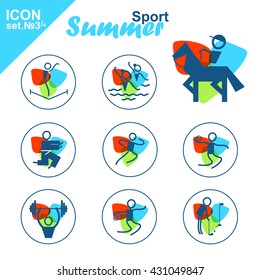 Vector flat design. Summer sports icons set, simple line. Trampolining, Synchronized swimming, Equestrian, Judo, Athletics, Weightlifting, Rugby sevens, Golf. Isolated on white background, black, blue
