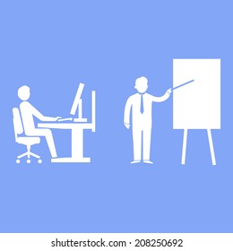 vector flat design teaching and manager training business icon | white isolated pictogram illustration on blue background