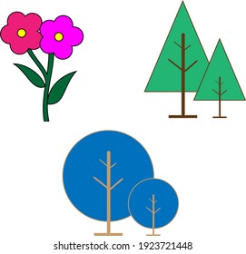 Vector flat design template set of blue trees, spruce green, red flowers. can be filled in color