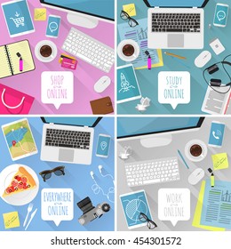  Vector flat design template set for for different online activities -- working, shopping, travel, learning, Top view desktop background collection for application, interface web design, presentation.