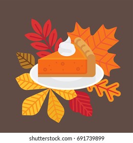 Vector flat design thanksgiving themed illustration featuring autumn fall colorful leaves and slice of pumpkin pie