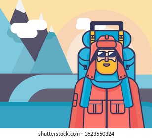 Vector flat design tourist with a big blue backpack standing in front of mountains in red jacket