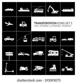 vector flat design transportation icons and illustrations set white islolated on black background