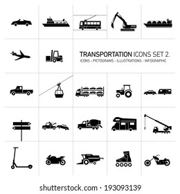 vector flat design transportation icons and illustrations set black islolated on white background