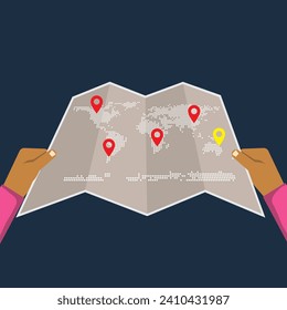 Vector flat design of traveler open world map with navigation point for travel around the world plan, journey and vacation concept, copy space for text, editable object and shade