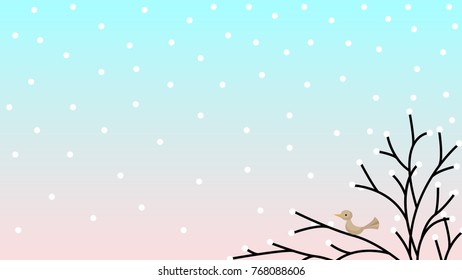 Vector flat design tree branches and bird with blue sky and winter background