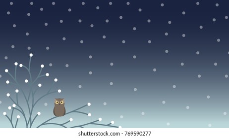 Vector flat design tree branches and owl with dark sky and winter background